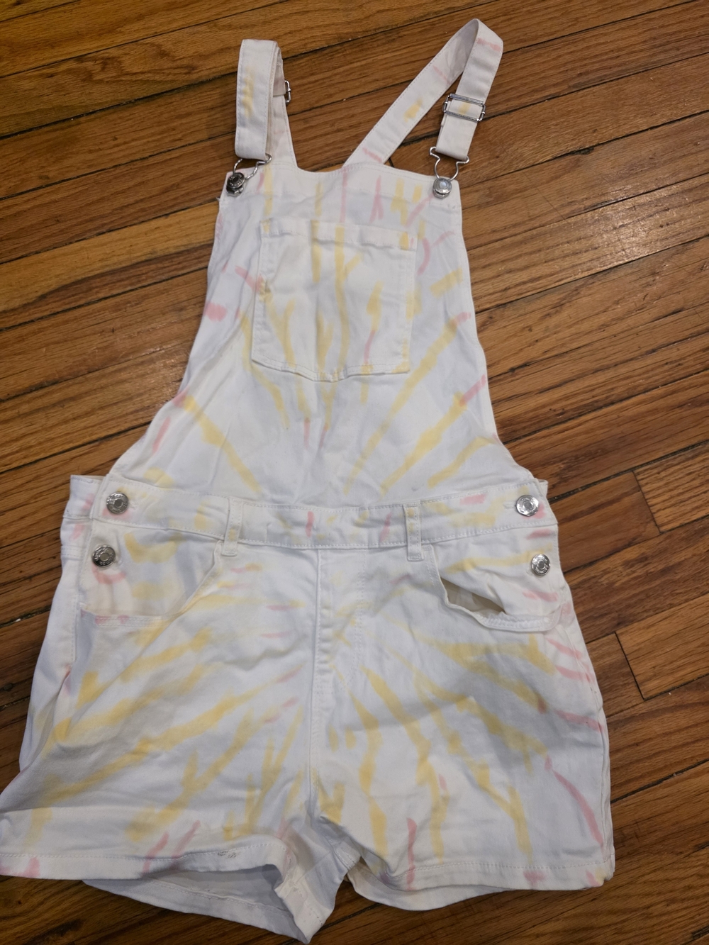 Primark White Tie-Dye Short Overalls with Yellow & Pink Accents